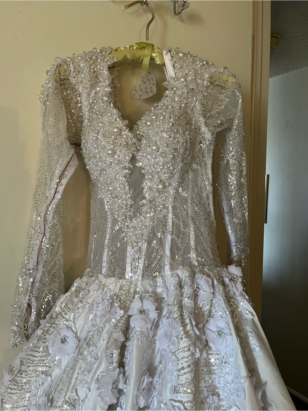 Pearl & Lace Embellished White Ball Gown Dress please read description
